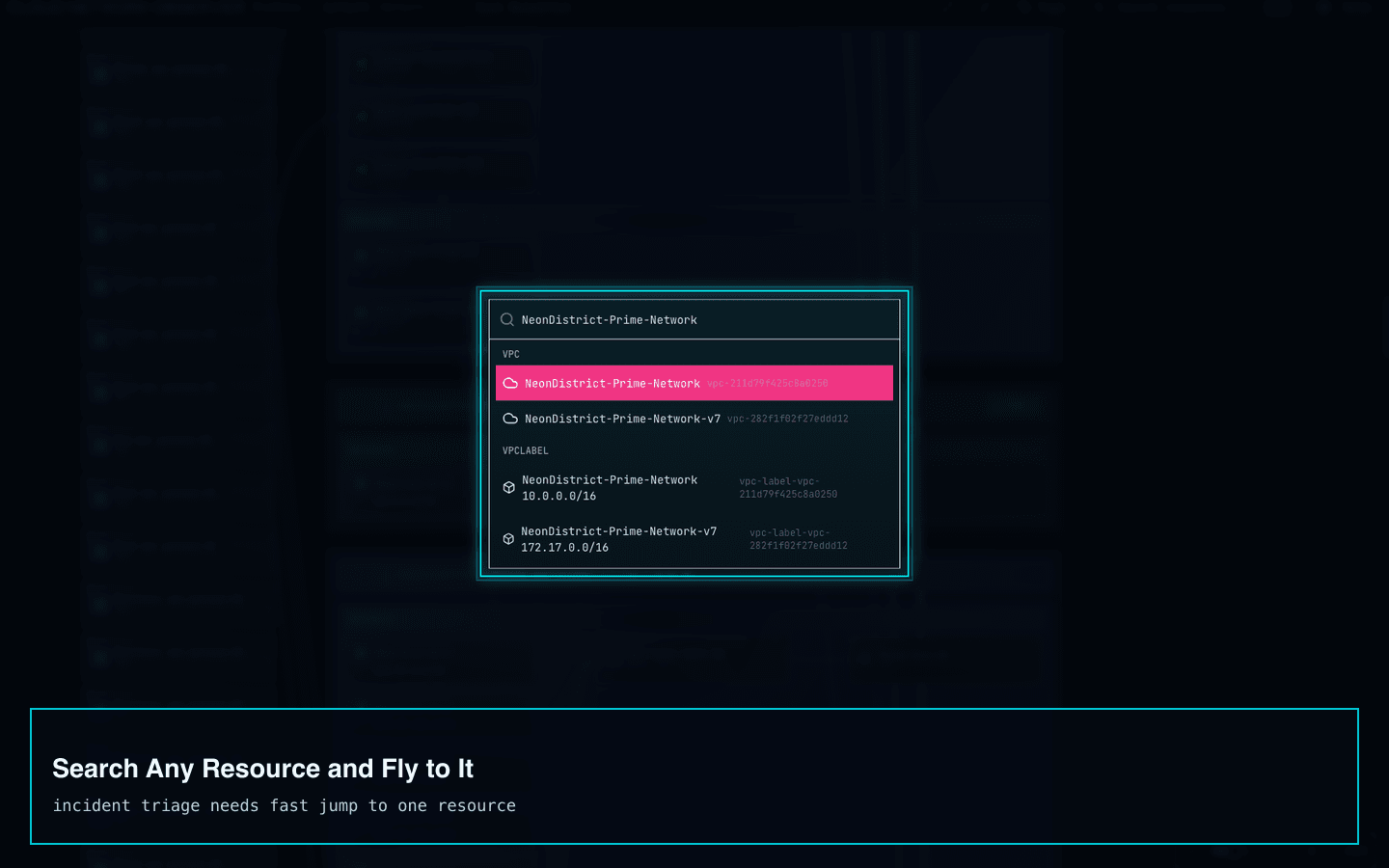 Cloud Network Observer screenshot showing command search and fly-to navigation.