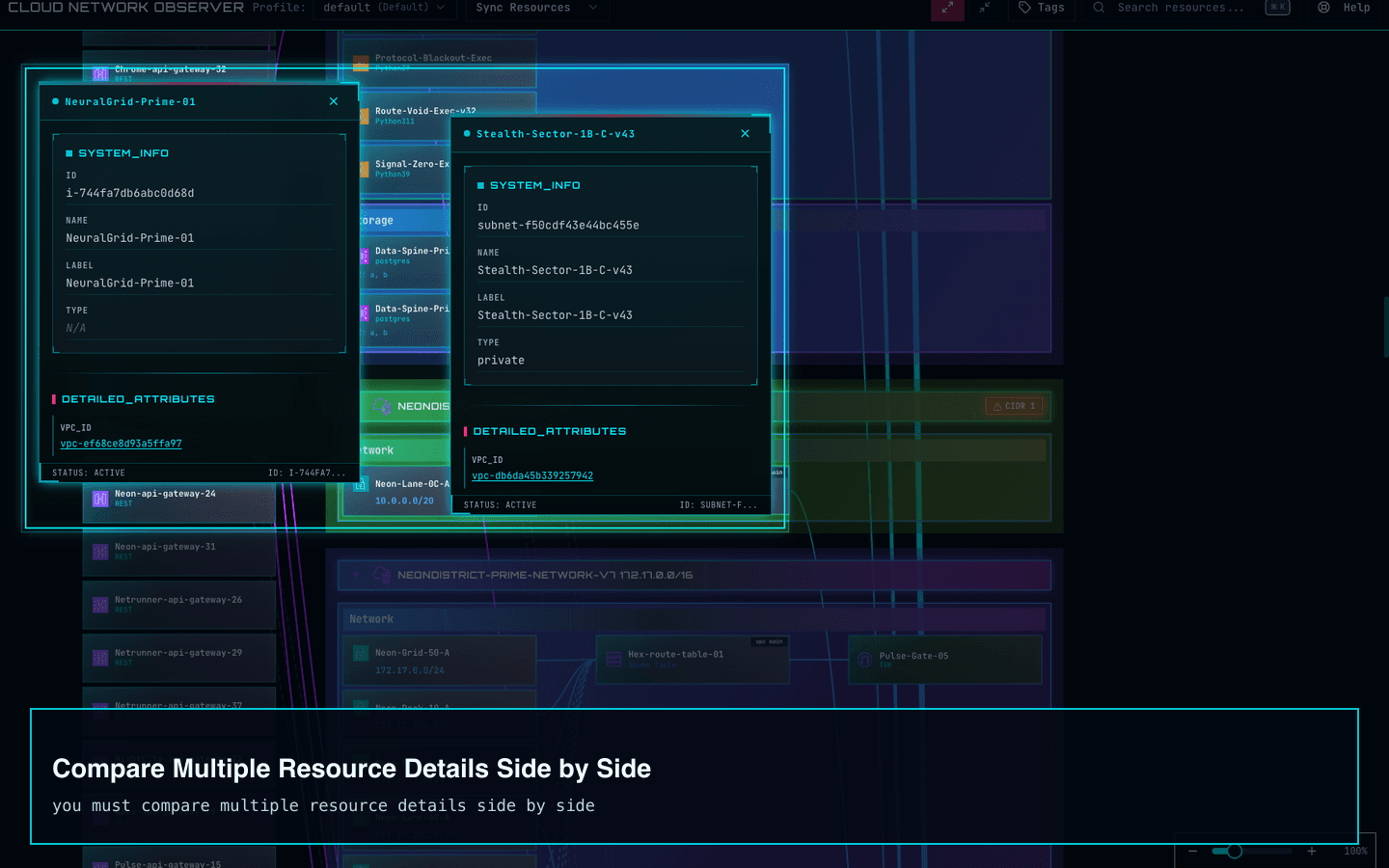 Cloud Network Observer screenshot showing multiple resource detail popups side by side.