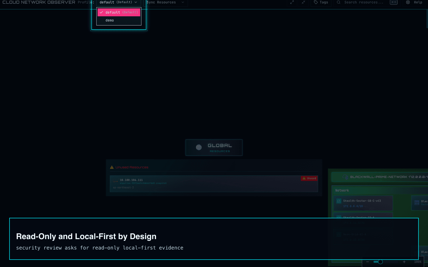 Cloud Network Observer screenshot emphasizing read-only and local-first design.